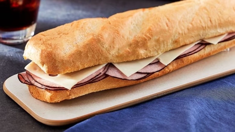 Marketside Ham and Swiss Sub Sandwich on a rectangular platter.