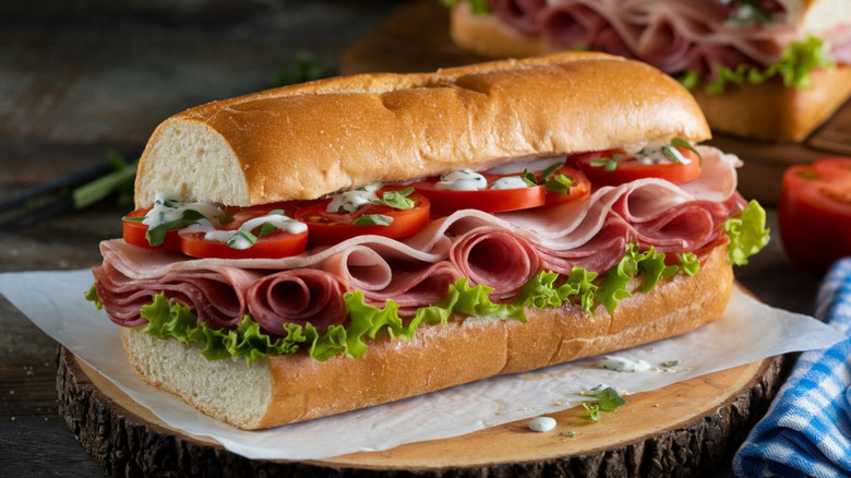 A hearty sandwich filled with layers of Italian meats, cheeses, lettuce, tomatoes, and oil dressing on a crusty sub roll.