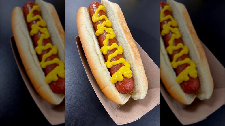 A hot dog sits in a paper boat at Oriole Park.