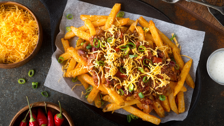 Chili cheese fries on pan