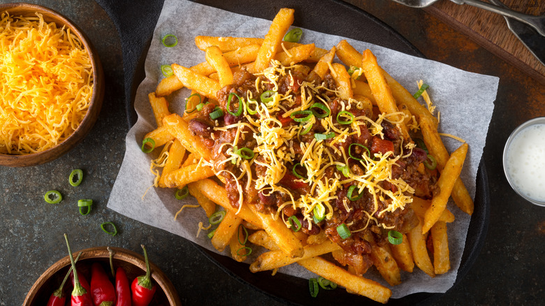 Chili cheese fries on pan