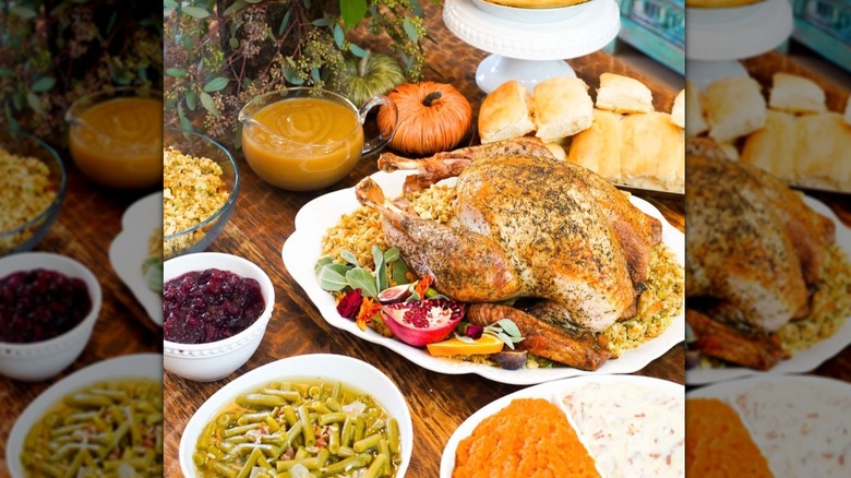 Polly's Pies Thanksgiving meal neatly arranged with white and glass dishware
