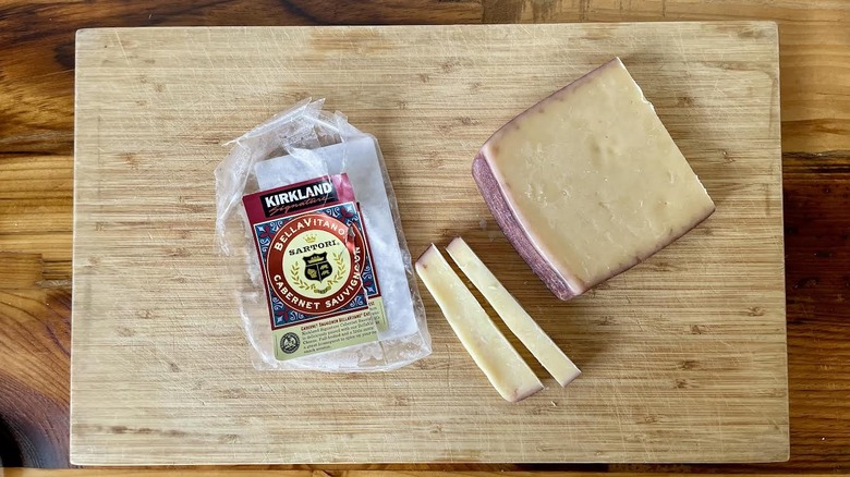Overhead view of Kirkland Signature Sartori Bellavitano Cabernet Sauvignon Cheese on a cutting board