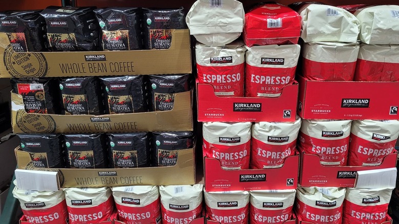 Boxes hold Kirkland Signature espresso and organic Sumatra in a Costco.