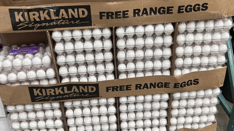 A pallet is full of free-range eggs at a Costco.