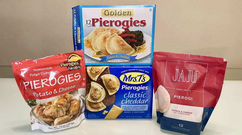 Four different pierogi brand packages