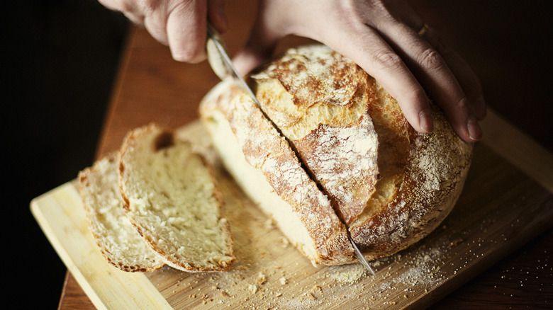 A baker slices into a round loaf of freshly baked bread