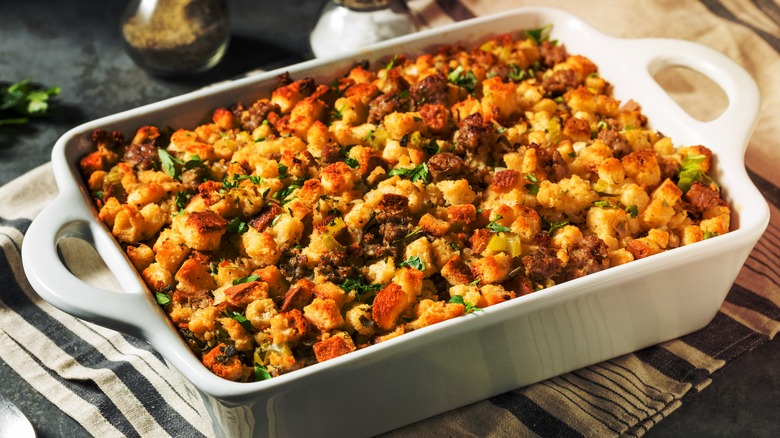 stuffing in white baking dish