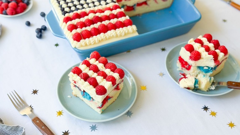 4th of July American flag cake slices on plates and cake pan