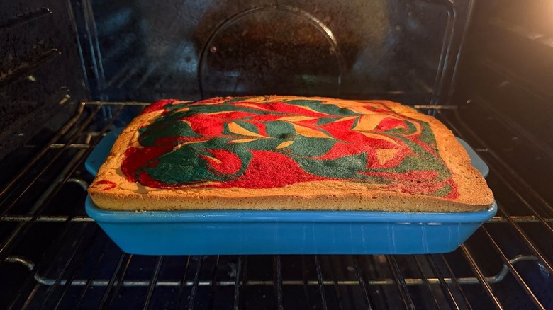 4th of July American flag cake baking in oven