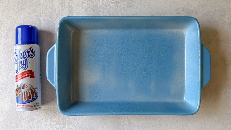 Blue 13 x 9-inch baking dish sprayed with Baker's Joy nonstick spray