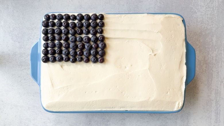 Blueberry rectangle on vanilla icing in 13 x 9-inch pan
