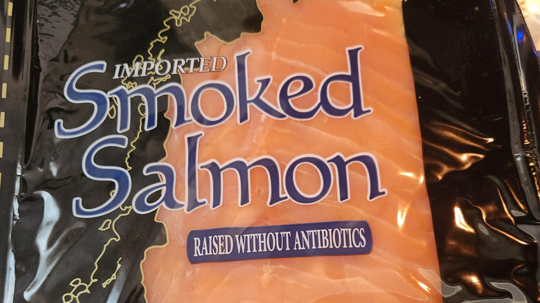 Close-up on a package of Kirkland Signature Smoked Salmon.