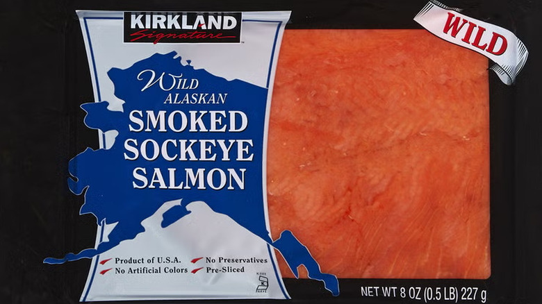 Close-up of a package of Kirkland Signature Wild Smoked Sockeye Salmon.