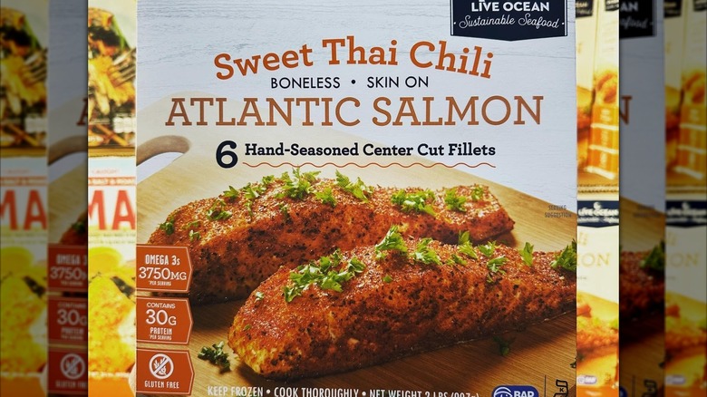 Close-up of a box of Live Ocean Sweet Thai Chili Atlantic Salmon.