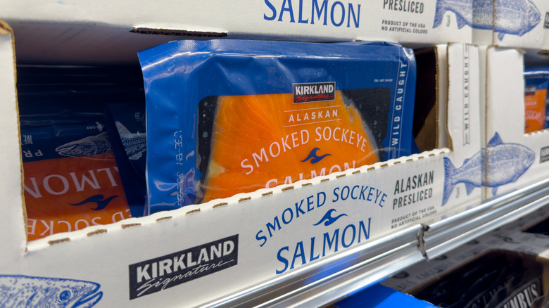 A package of smoked salmon on the shelf at Costco