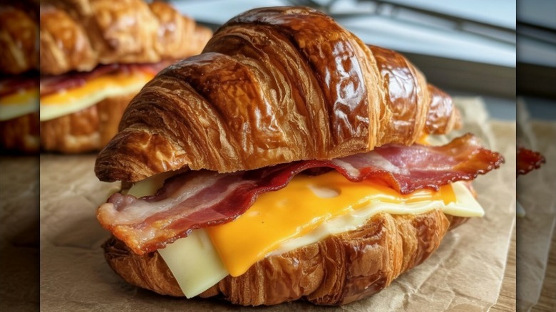 A croissant breakfast sandwich with bacon and cheese sits on a paper napkin