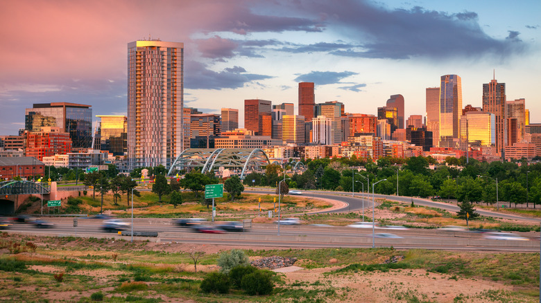 The Denver cityscape in Colorado at sunset