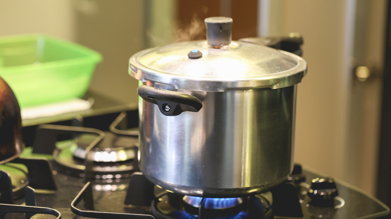 A pressure cooker on a stove.