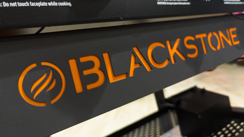 Close up of the Blackstone logo on a griddle