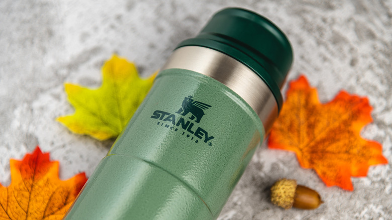 A Stanley Trigger Action bottle surrounded by leaves and an acorn