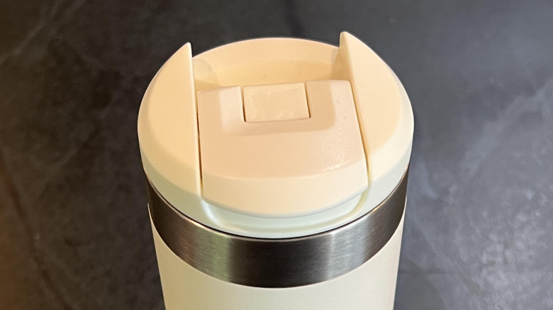 A close-up of a white Stanley water bottle from above