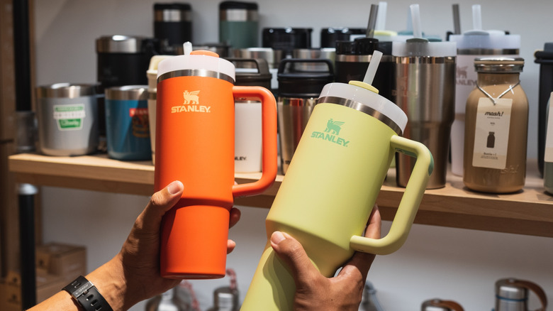 Two hands holding two Stanley quenchers next to each other