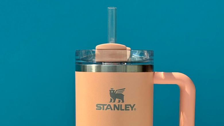 A peach-colored Stanley bottle, the straw sticking out of it on a blue background