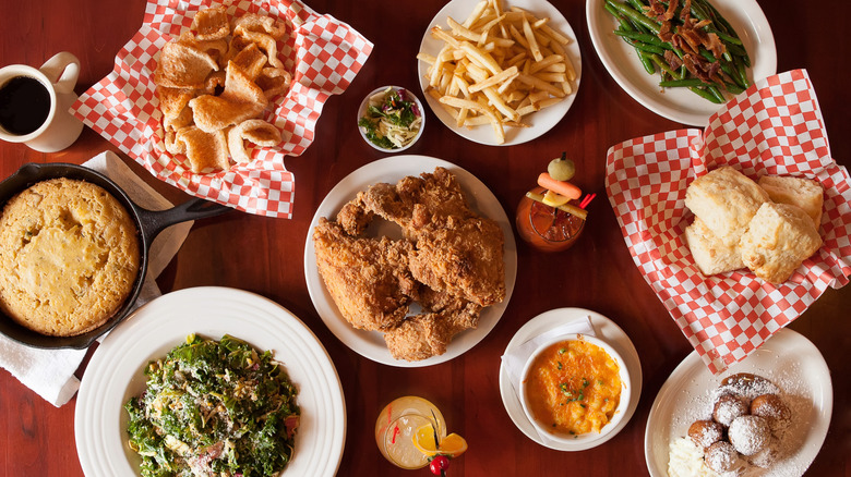 Spread of various Southern comfort foods.
