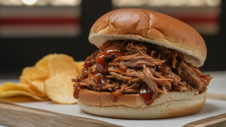 Pulled pork sandwich with chips.