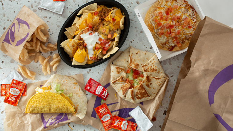 A Taco Bell meal on a terrazzo surface.