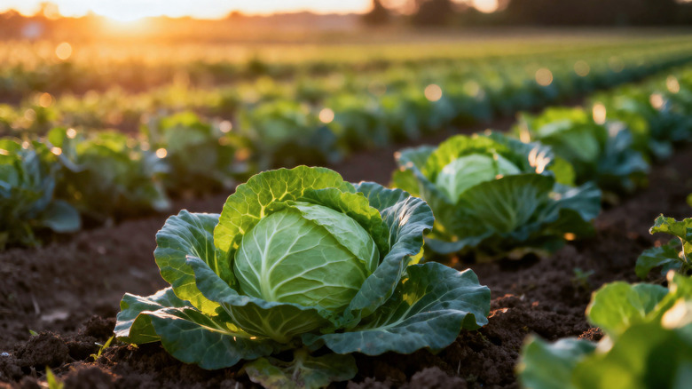 Cabbage growing in the soil.