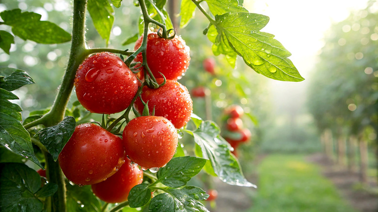 Cherry tomatoes hanging from a vine.