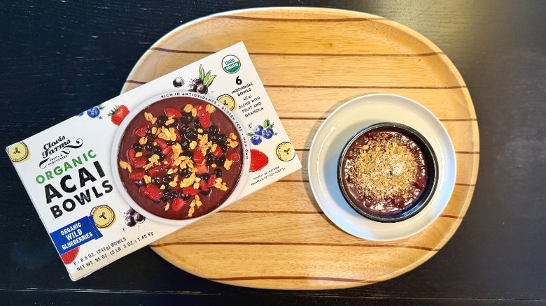 Clovis Farms Açaí Bowl on a plate next to its packaging