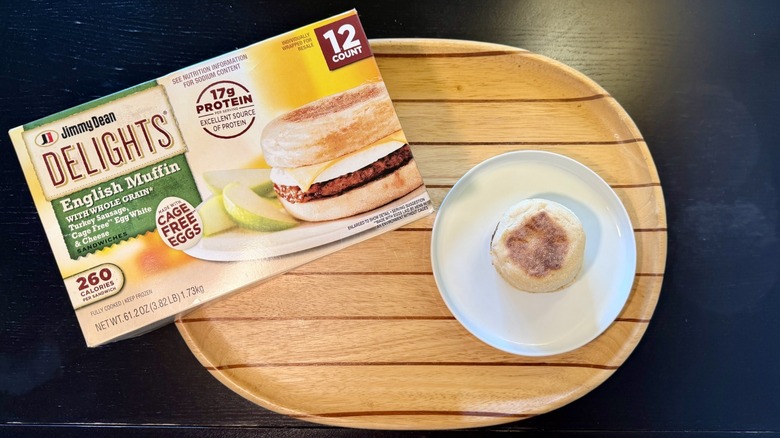 Jimmy Dean English Muffin Breakfast Sandwich on a plate next to its packaging