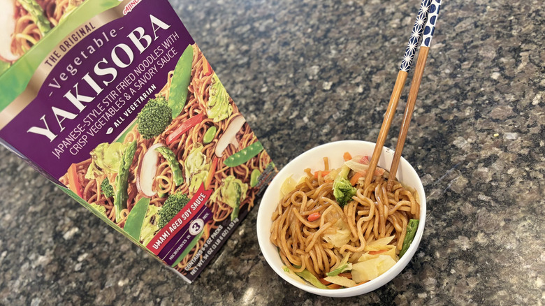 Yakisoba Noodles with Vegetables from costco prepared in a bowl next to package