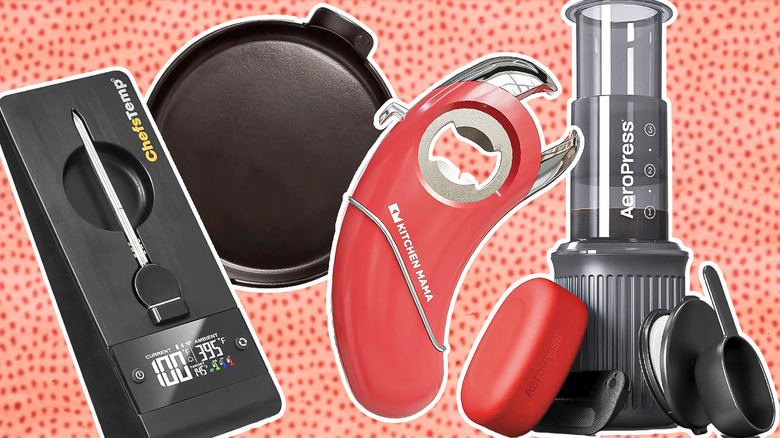 kitchen tools on red background