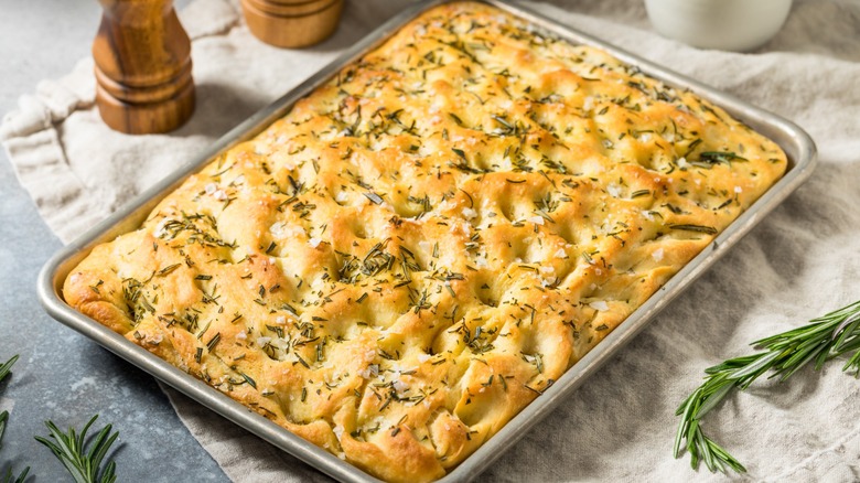 A tray of baked focaccia.