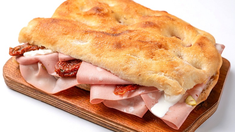 A meat-filled schiacciata sandwich.