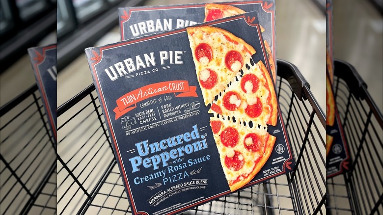 Urban Pie Pizza Co. frozen pepperoni pizzas in a shopping cart