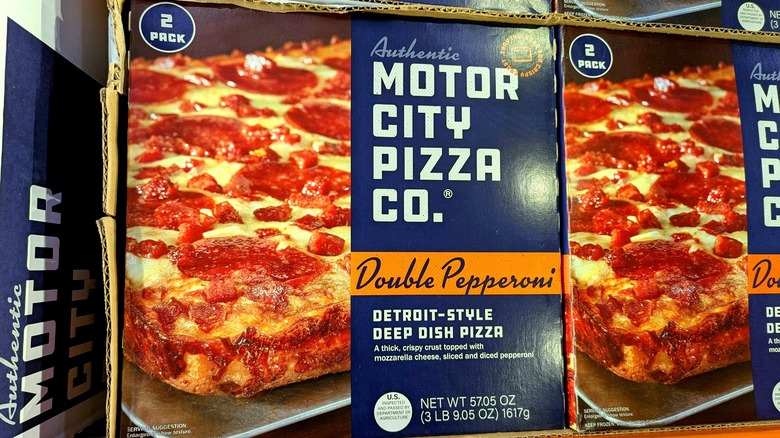 Boxes of Motor City Pizza Co. Detroit-style deep dish pepperoni pizzas