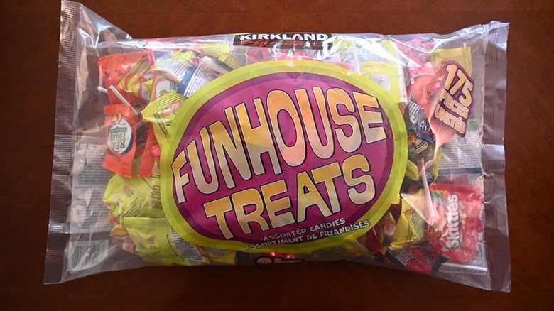 A bag of Kirkland Signature Funhouse Treats sits on a table
