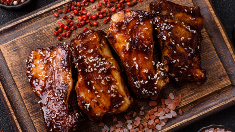 Heavily sauced barbecue pork ribs