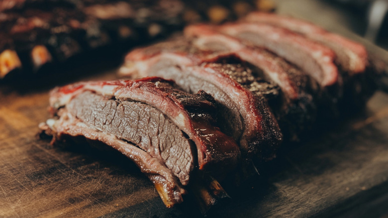 A plate of smoked barbecue beef ribs.