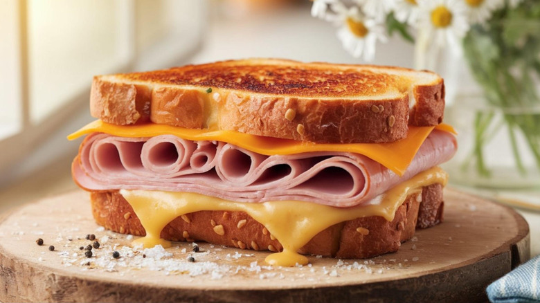 a ham and cheese sandwich on a wooden platter