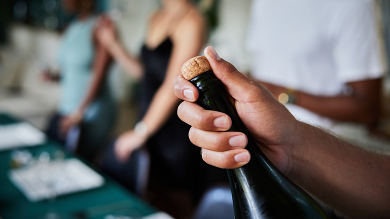 hand holding bottle of wine with cork attached