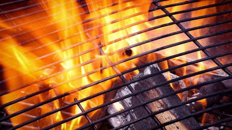 Wood fire grill with flames and charcoal