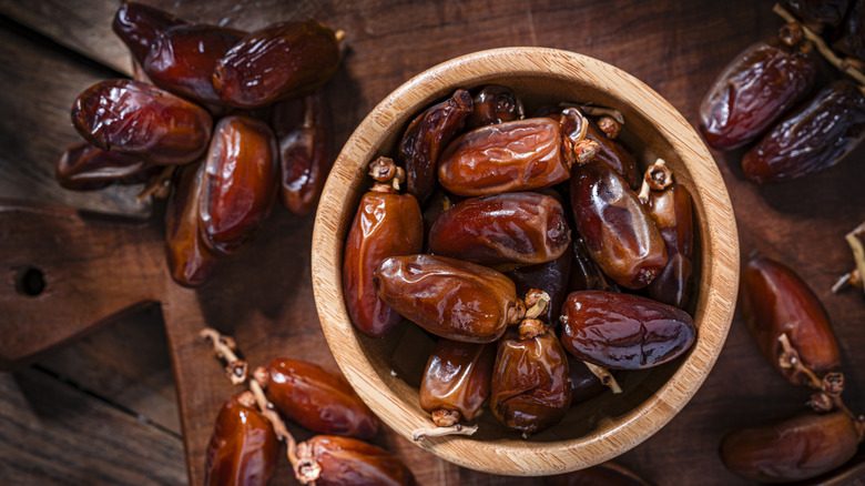 Overhead view of a bowl of dates