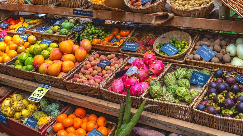A selection of tropical fruit at a market stall
