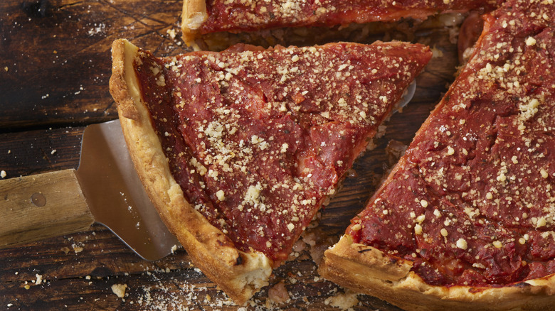 A close up of a Chicago style deep dish pizza